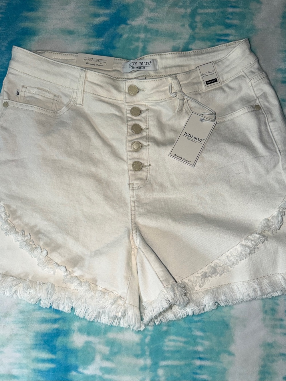 Judy Blue Cream High-Rise Button-Front Frayed Hem Shorts